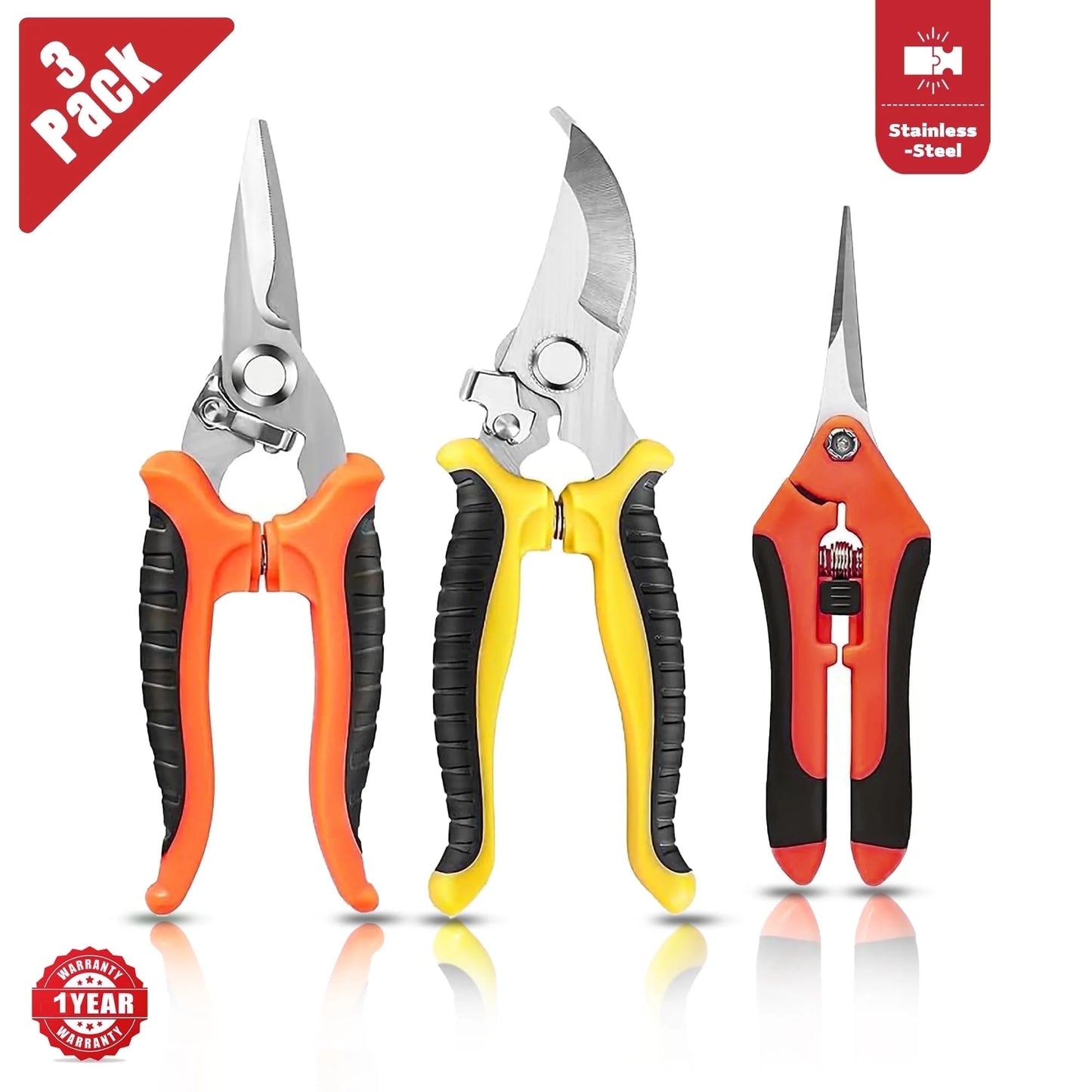 Plant Pruning Shears, Stainless Steel Garden Pruner Scissors, Bypass Clippers (3 Pack)