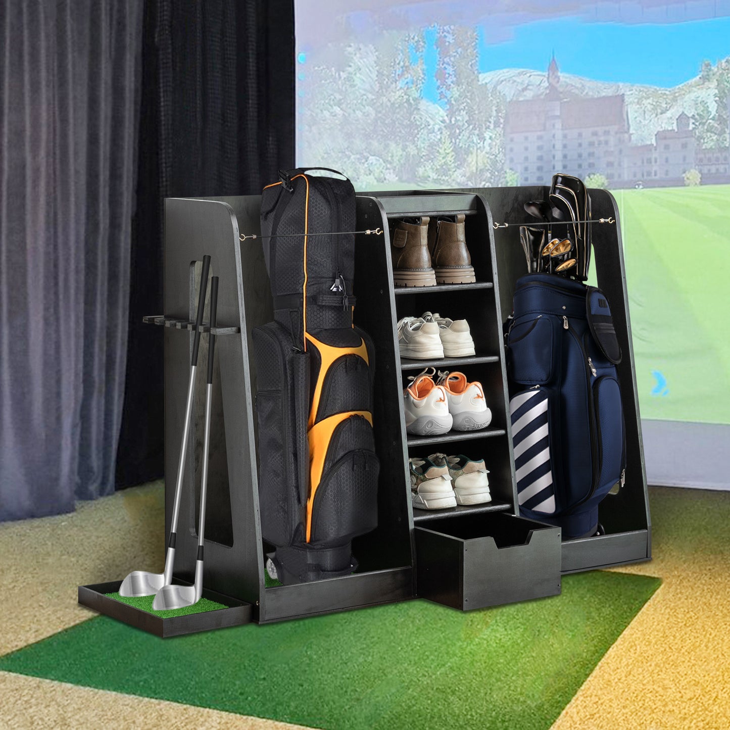 55.5 L X 16 W X 37 H in Wooden Golf Bag Organizer and Storage Rack,High Quality Wooden 2 Golf Bag Rack with Drawers,Easy to Assemble Golf Club Holder Stand with Club Holders on Side,Black