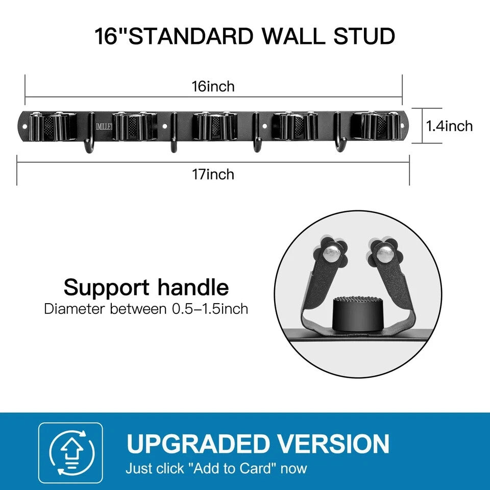 Broom Holder Wall Mount Stainless Steel Heavy Duty Garage Organization Organizer