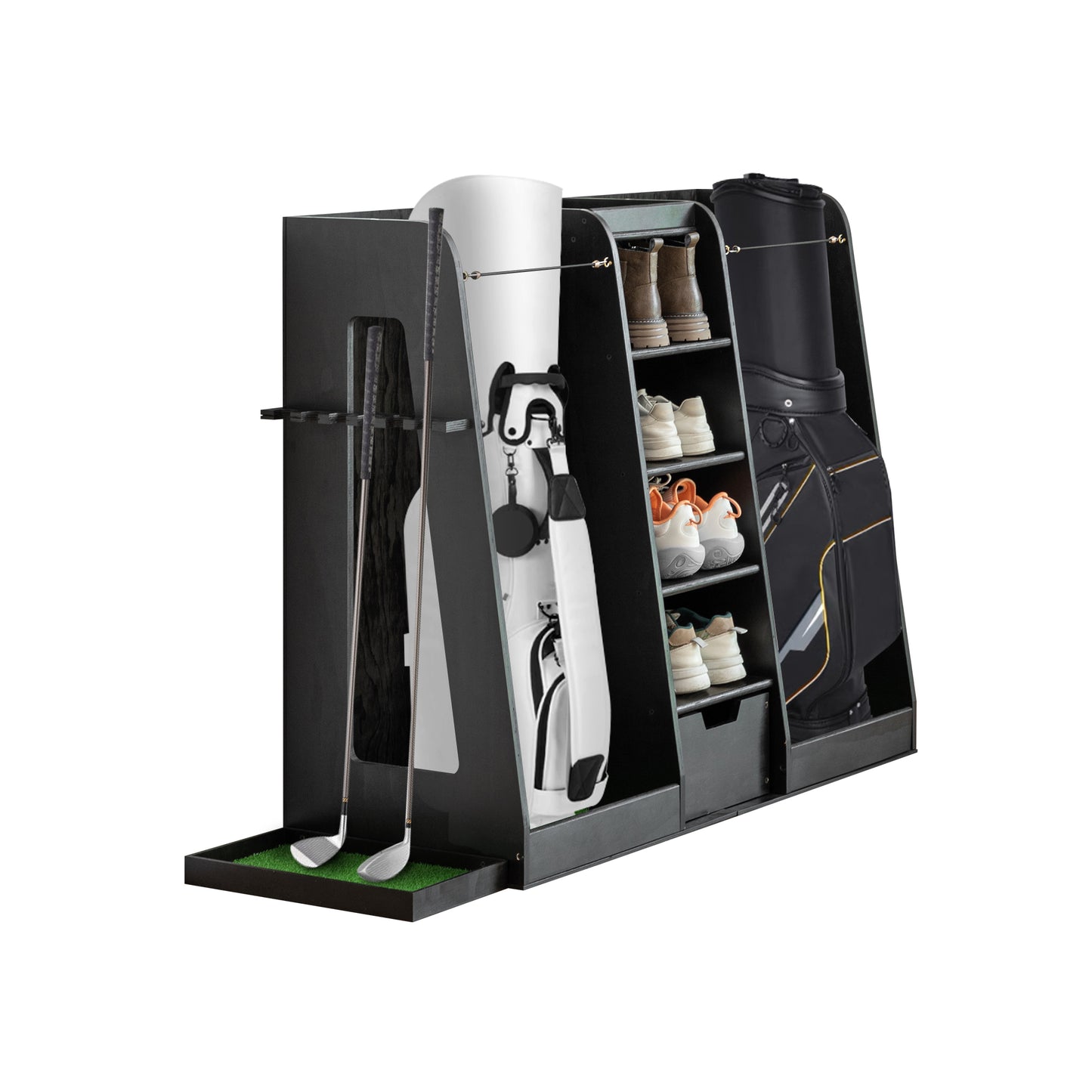 55.5 L X 16 W X 37 H in Wooden Golf Bag Organizer and Storage Rack,High Quality Wooden 2 Golf Bag Rack with Drawers,Easy to Assemble Golf Club Holder Stand with Club Holders on Side,Black