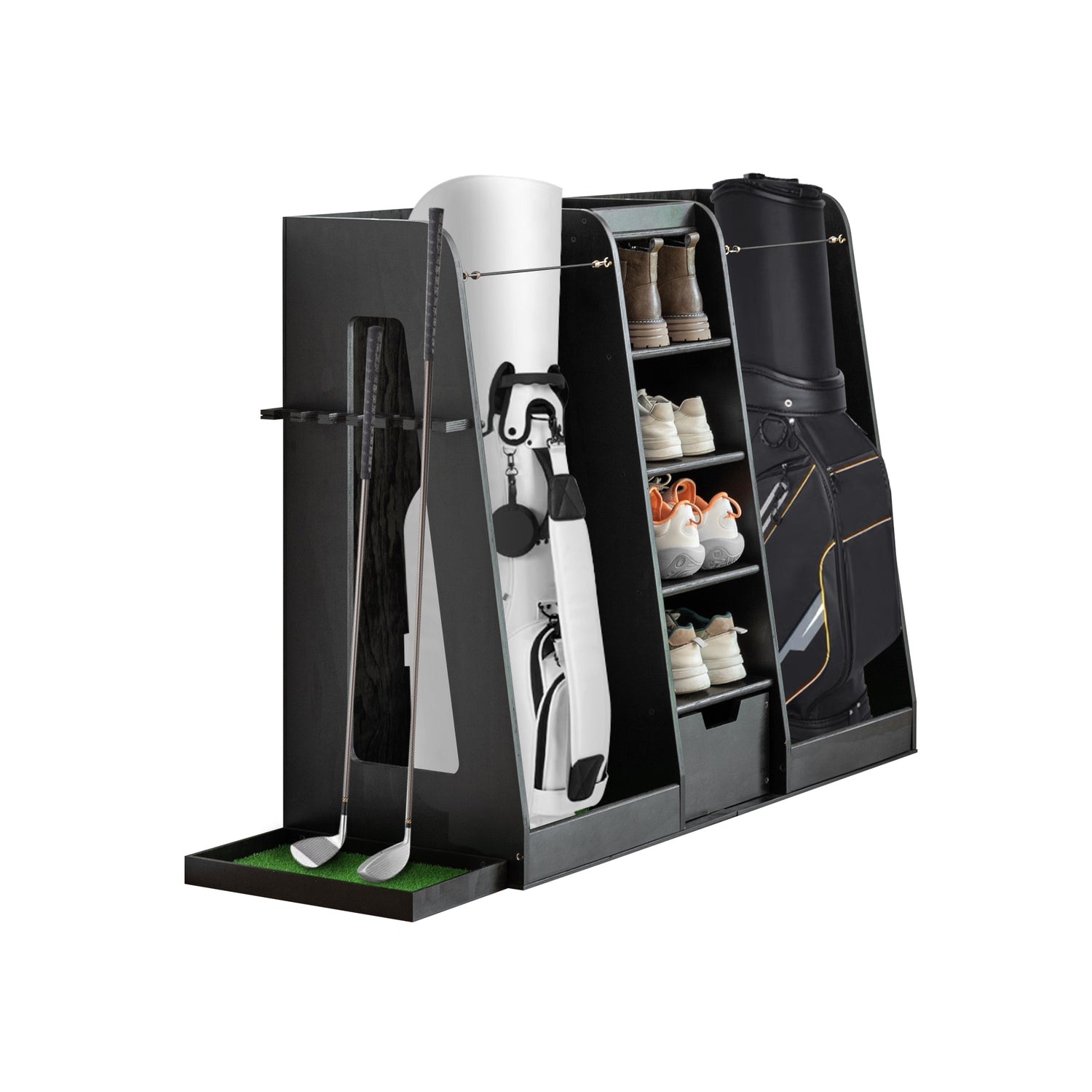 55.5 L X 16 W X 37 H in Wooden Golf Bag Organizer and Storage Rack,High Quality Wooden 2 Golf Bag Rack with Drawers,Easy to Assemble Golf Club Holder Stand with Club Holders on Side,Black