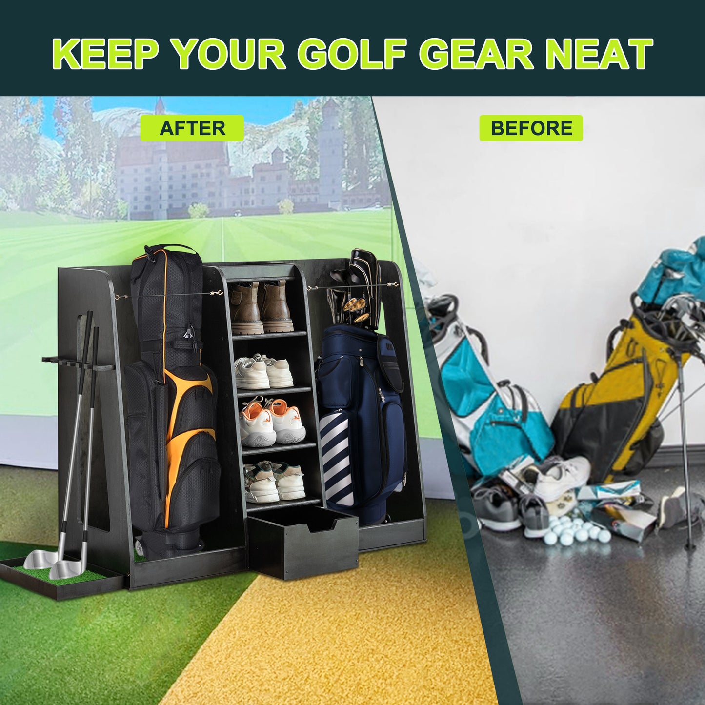 55.5 L X 16 W X 37 H in Wooden Golf Bag Organizer and Storage Rack,High Quality Wooden 2 Golf Bag Rack with Drawers,Easy to Assemble Golf Club Holder Stand with Club Holders on Side,Black