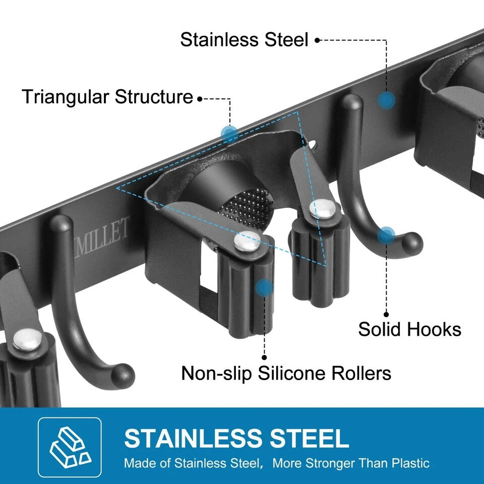Broom Holder Wall Mount Stainless Steel Heavy Duty Garage Organization Organizer
