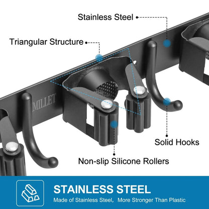 Broom Holder Wall Mount Stainless Steel Heavy Duty Garage Organization Organizer