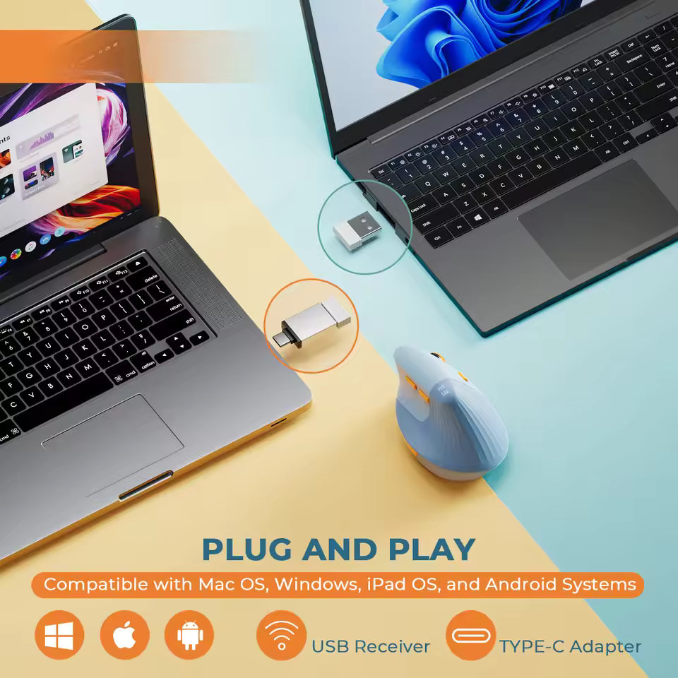 Vertical Wireless Mouse Type C Rechargeable Ergonomic USB & Type C Mice for Laptop Laptop PC Macbook Windows Android