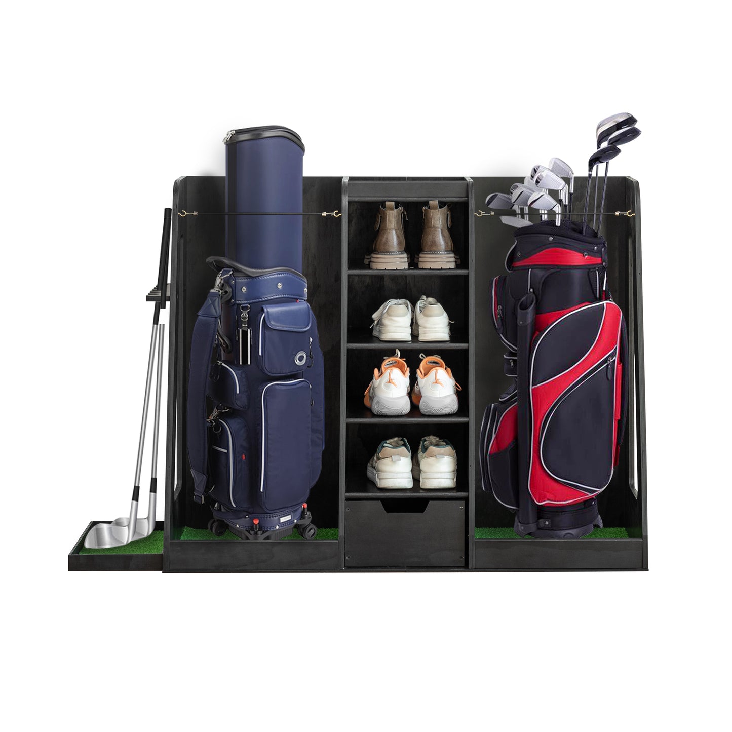 55.5 L X 16 W X 37 H in Wooden Golf Bag Organizer and Storage Rack,High Quality Wooden 2 Golf Bag Rack with Drawers,Easy to Assemble Golf Club Holder Stand with Club Holders on Side,Black
